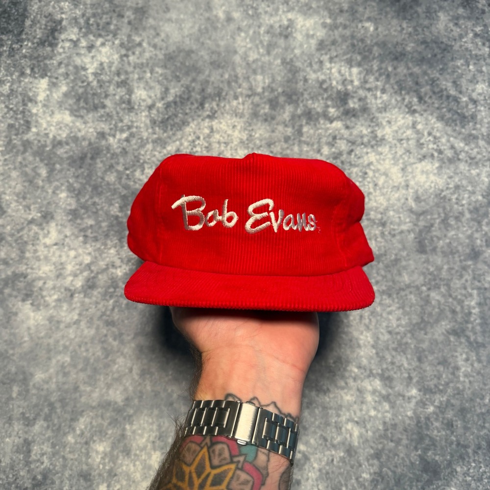 Vintage 90s Bob Evans Red Corduroy Snapback Hat Deadstock Trucker Cap Erie